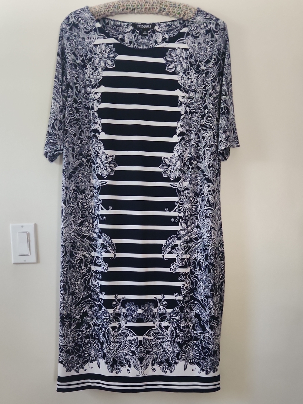 Roz & Ali Navy and White Striped Floral Border Dress